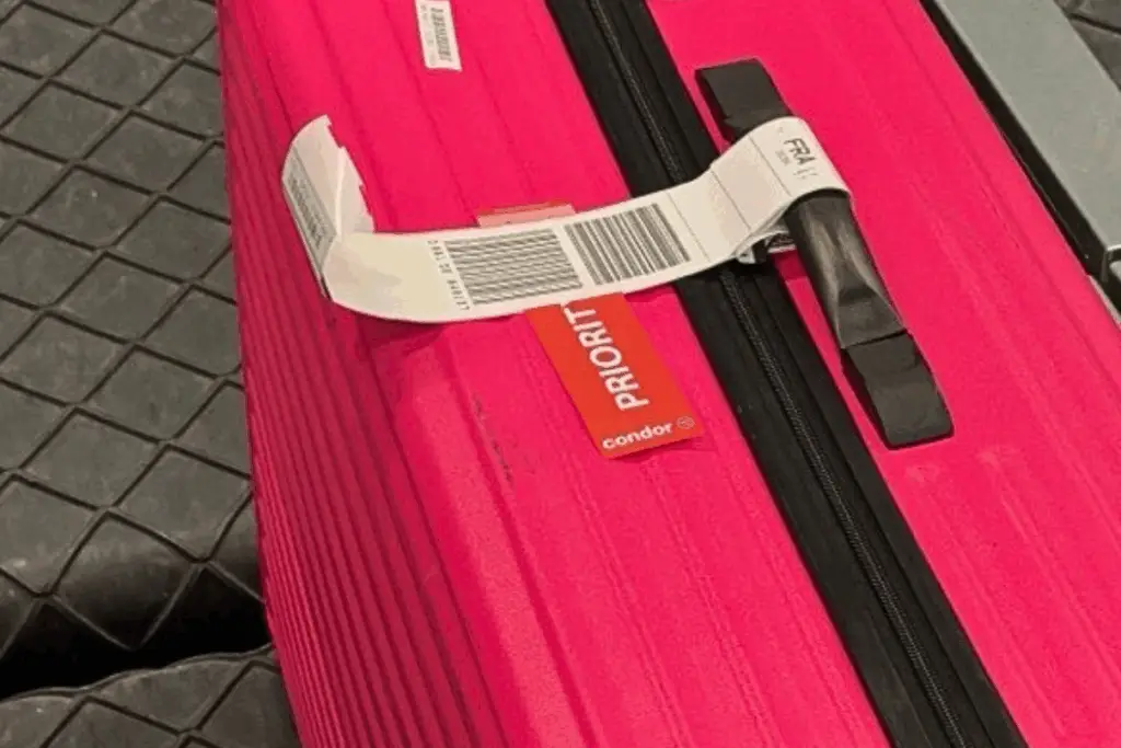 Pinker Koffer mit Priority Tag auf dem Kofferband
